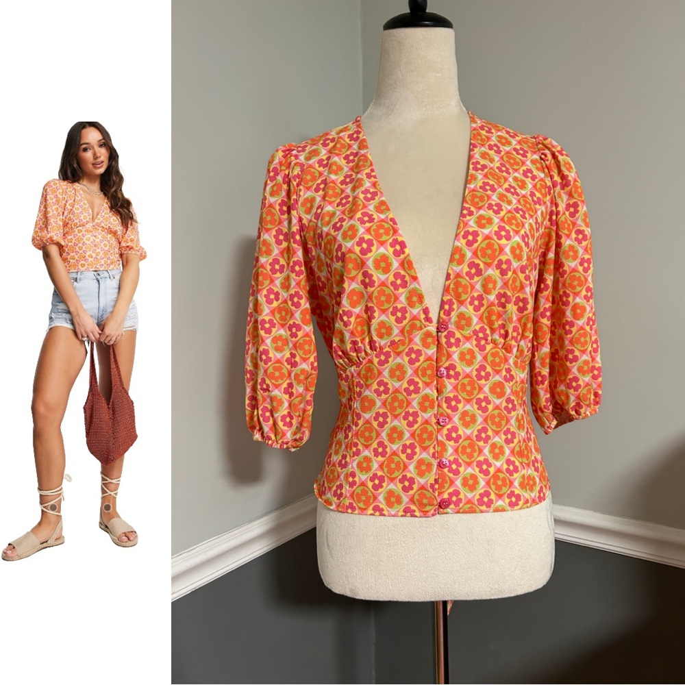 ASOS DESIGN Button Front Tea Blouse Volume Sleeves Tie Back Bright Tile Print 8